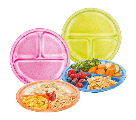 A. JUEGO DE 4 PLATOS DE COLORES CON DIVISIÓN Y GLITTERS