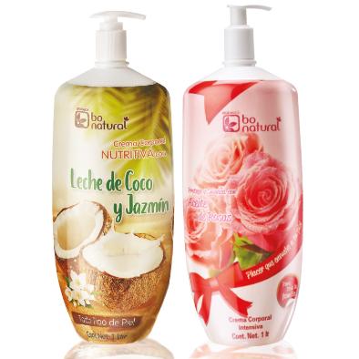 ARABELA BO NATURAL, CREMAS CORPORALES, LECHE DE COCO Y JAZMÍN, ACEITE DE ROSAS, 1 L c/u
